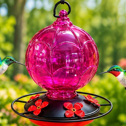 Pink Hanging Hummingbird Feeder with Flower Feeding Ports & Perch Ring