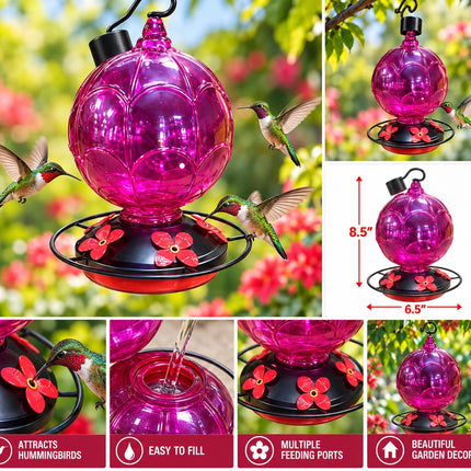 Pink Hanging Hummingbird Feeder with Flower Feeding Ports & Perch Ring