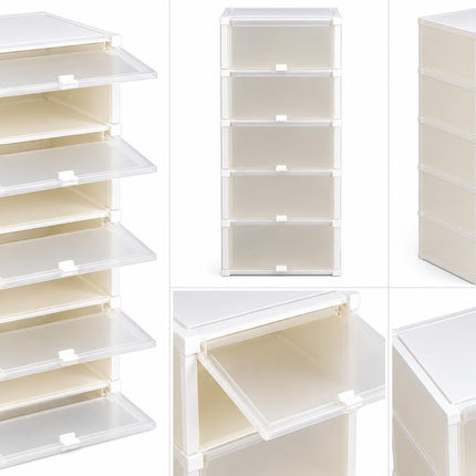 Stackable Plastic Shoe Storage Boxes w/ Drawers, 6pc White/Clear 11x11x33"