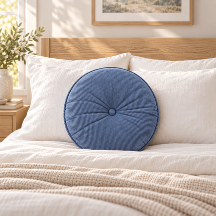 2 Blue Round Corduroy Floor Cushion – Soft Tufted Seating Pillow