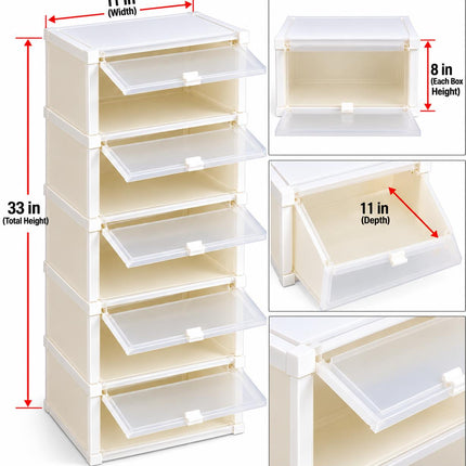 Stackable Plastic Shoe Storage Boxes w/ Drawers, 6pc White/Clear 11x11x33"