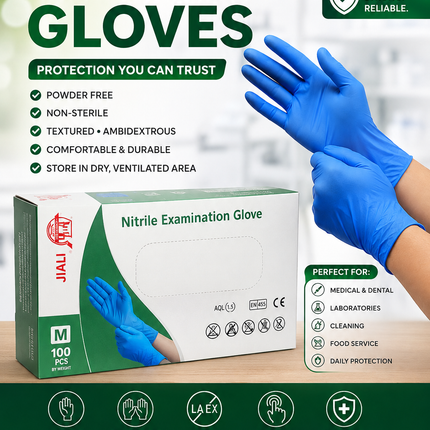 JIALI Blue Nitrile Examination Gloves, Powder-Free, Medium – 100 Count