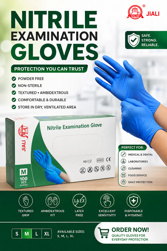 JIALI Blue Nitrile Examination Gloves, Powder-Free, Medium – 100 Count