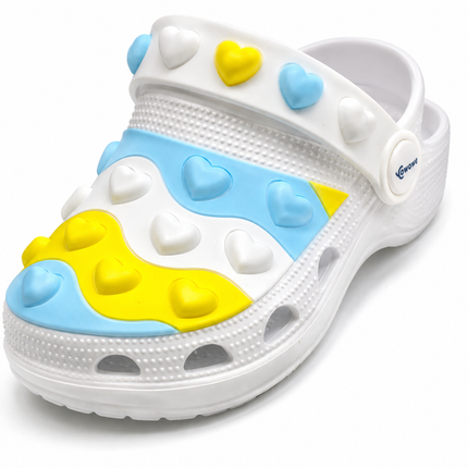 Cowowe White With Blue and Yellow  Heart Clogs – Colorful Slip-On Shoes