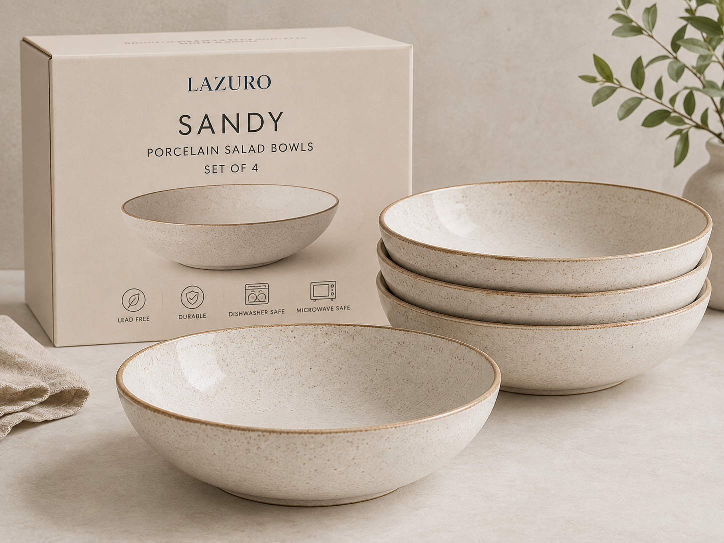 Lazuro Sandy Porcelain Salad Bowls – Set of 4
