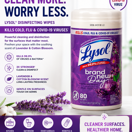Lysol Brand New Day Disinfecting Wipes – Lavender & Cotton Blossom Scent.