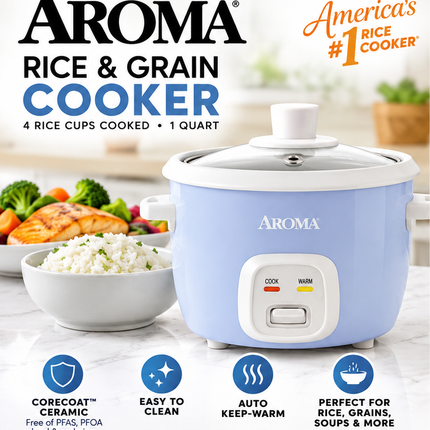 Aroma 4-Cup Rice & Grain Cooker CoreCoat Ceramic Pot Blue w/Steam Tray 300W