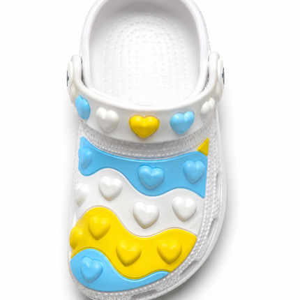 Cowowe White With Blue and Yellow  Heart Clogs – Colorful Slip-On Shoes