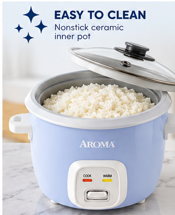 Aroma 4-Cup Rice & Grain Cooker CoreCoat Ceramic Pot Blue w/Steam Tray 300W