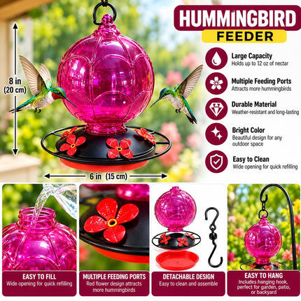 Pink Hanging Hummingbird Feeder with Flower Feeding Ports & Perch Ring