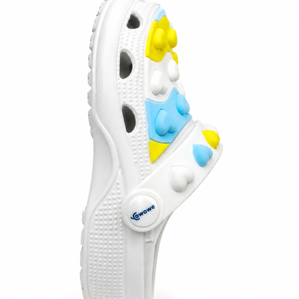 Cowowe White With Blue and Yellow  Heart Clogs – Colorful Slip-On Shoes
