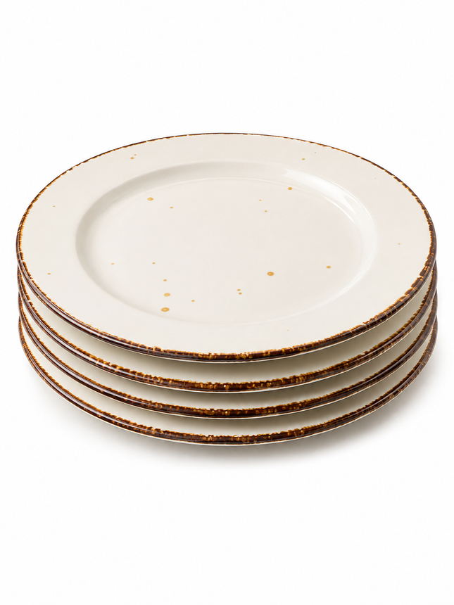 Rustic Cream Ceramic Dinner Plates with Brown Rim – Set of 4