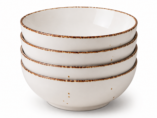 Rustic Cream Ceramic Bowls with Brown Rim – Set of 4