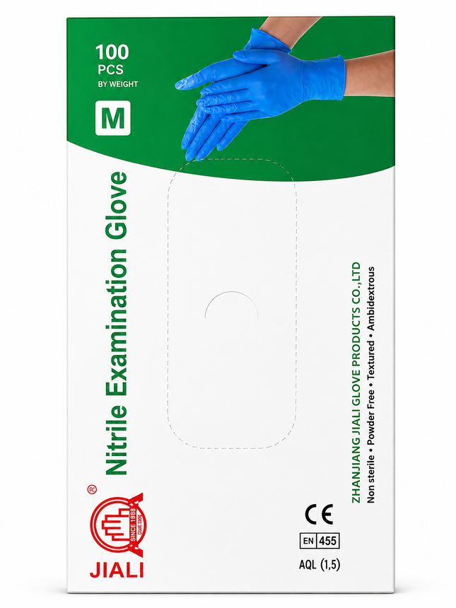 JIALI Blue Nitrile Examination Gloves, Powder-Free, Medium – 100 Count