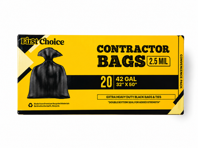 First Choice 42-Gallon Extra Heavy Duty Contractor Bags, 2.5 Mil – 20 Count