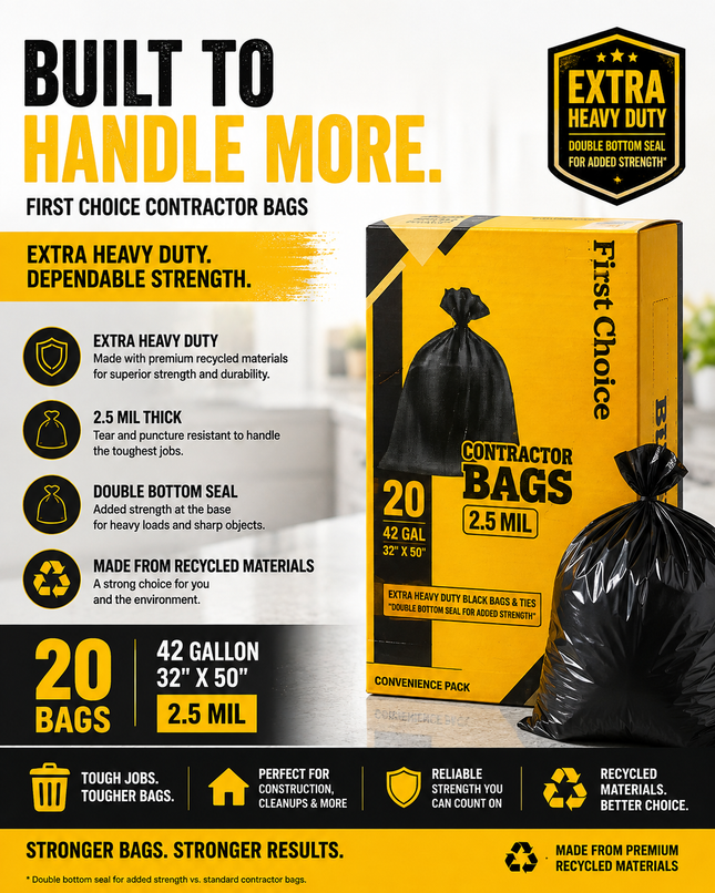 First Choice 42-Gallon Extra Heavy Duty Contractor Bags, 2.5 Mil – 20 Count