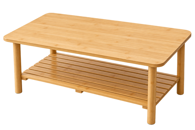 Natural Bamboo Coffee Table with Lower Storage Shelf