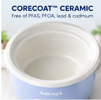 Aroma 4-Cup Rice & Grain Cooker CoreCoat Ceramic Pot Blue w/Steam Tray 300W