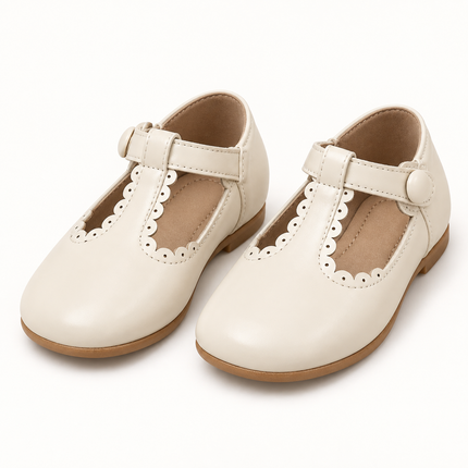 Girls’ Ivory T-Strap Mary Jane Dress Shoes with Scalloped Trim