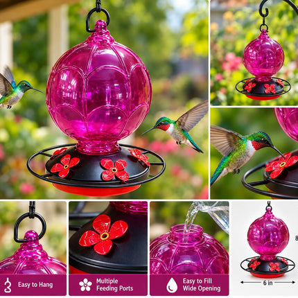 Pink Hanging Hummingbird Feeder with Flower Feeding Ports & Perch Ring