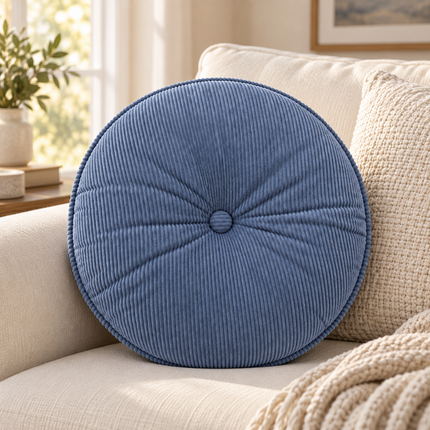 2 Blue Round Corduroy Floor Cushion – Soft Tufted Seating Pillow