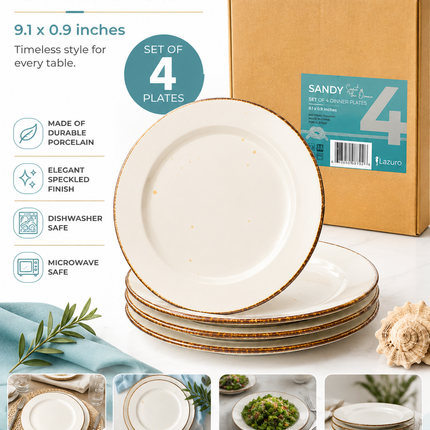 Rustic Cream Ceramic Dinner Plates with Brown Rim – Set of 4
