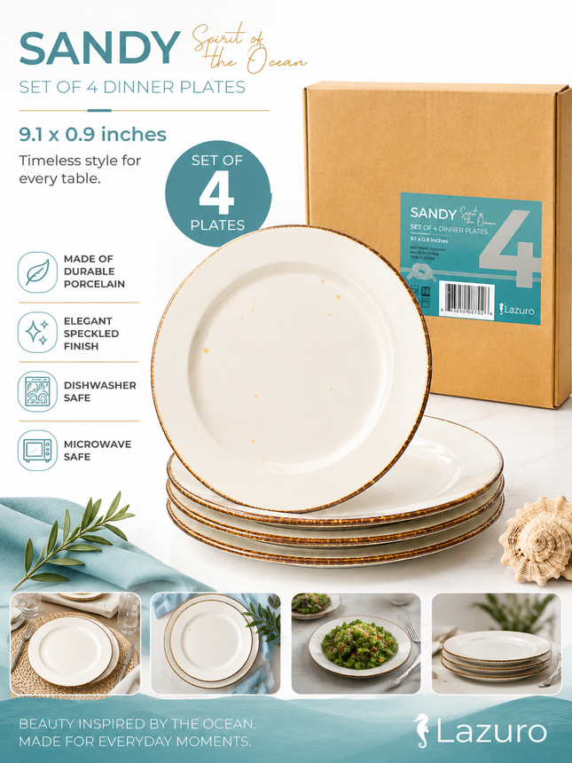 Rustic Cream Ceramic Dinner Plates with Brown Rim – Set of 4