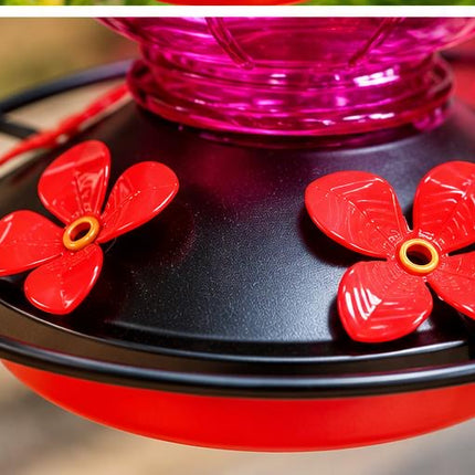 Pink Hanging Hummingbird Feeder with Flower Feeding Ports & Perch Ring