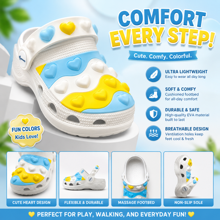 Cowowe White With Blue and Yellow  Heart Clogs – Colorful Slip-On Shoes