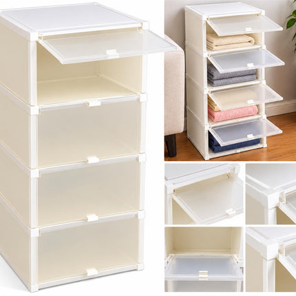 Stackable Plastic Shoe Storage Boxes w/ Drawers, 6pc White/Clear 11x11x33"