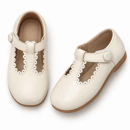 Girls’ Ivory T-Strap Mary Jane Dress Shoes with Scalloped Trim