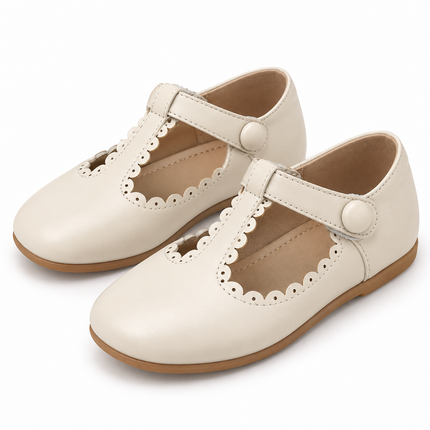 Girls’ Ivory T-Strap Mary Jane Dress Shoes with Scalloped Trim