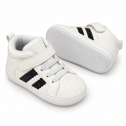 White Baby High-Top Sneakers with Black Stripes and Adjustable Strap