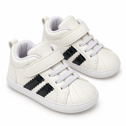 White Baby High-Top Sneakers with Black Stripes and Adjustable Strap