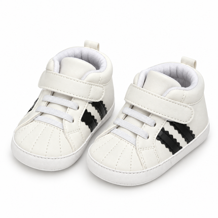 White Baby High-Top Sneakers with Black Stripes and Adjustable Strap