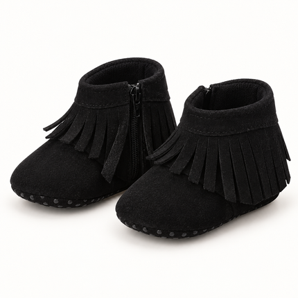 Black Fringe Baby Ankle Boots – Soft-Sole Zip-Up Crib Shoes