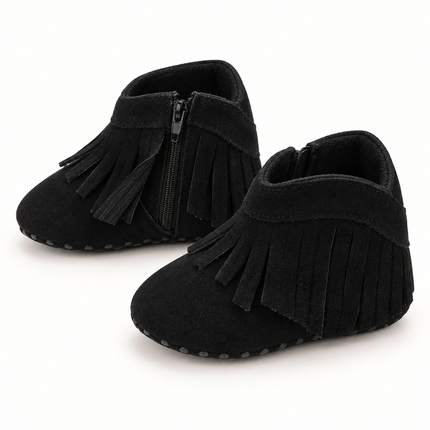 Black Fringe Baby Ankle Boots – Soft-Sole Zip-Up Crib Shoes