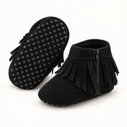 Black Fringe Baby Ankle Boots – Soft-Sole Zip-Up Crib Shoes