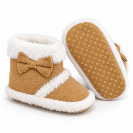 Tan Faux-Fur Baby Winter Booties with Bow