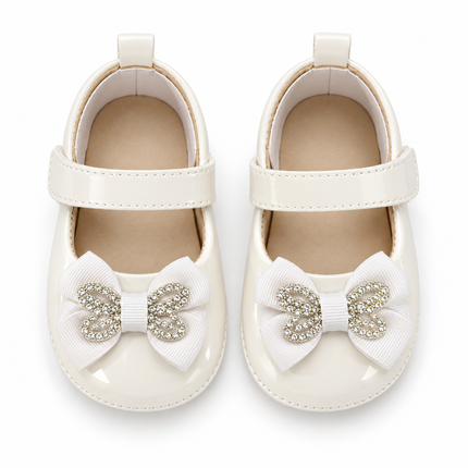 Ivory Baby Mary Jane Shoes with Rhinestone Butterfly Bows