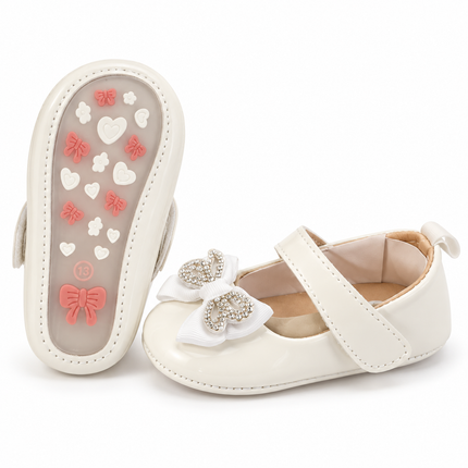 Ivory Baby Mary Jane Shoes with Rhinestone Butterfly Bows