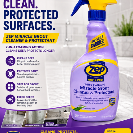 Zep Home Pro 2-in-1 Foaming Miracle Grout Cleaner & Protectant, Morning Dew – 32 fl oz