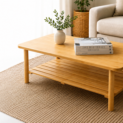 Natural Bamboo Coffee Table with Lower Storage Shelf